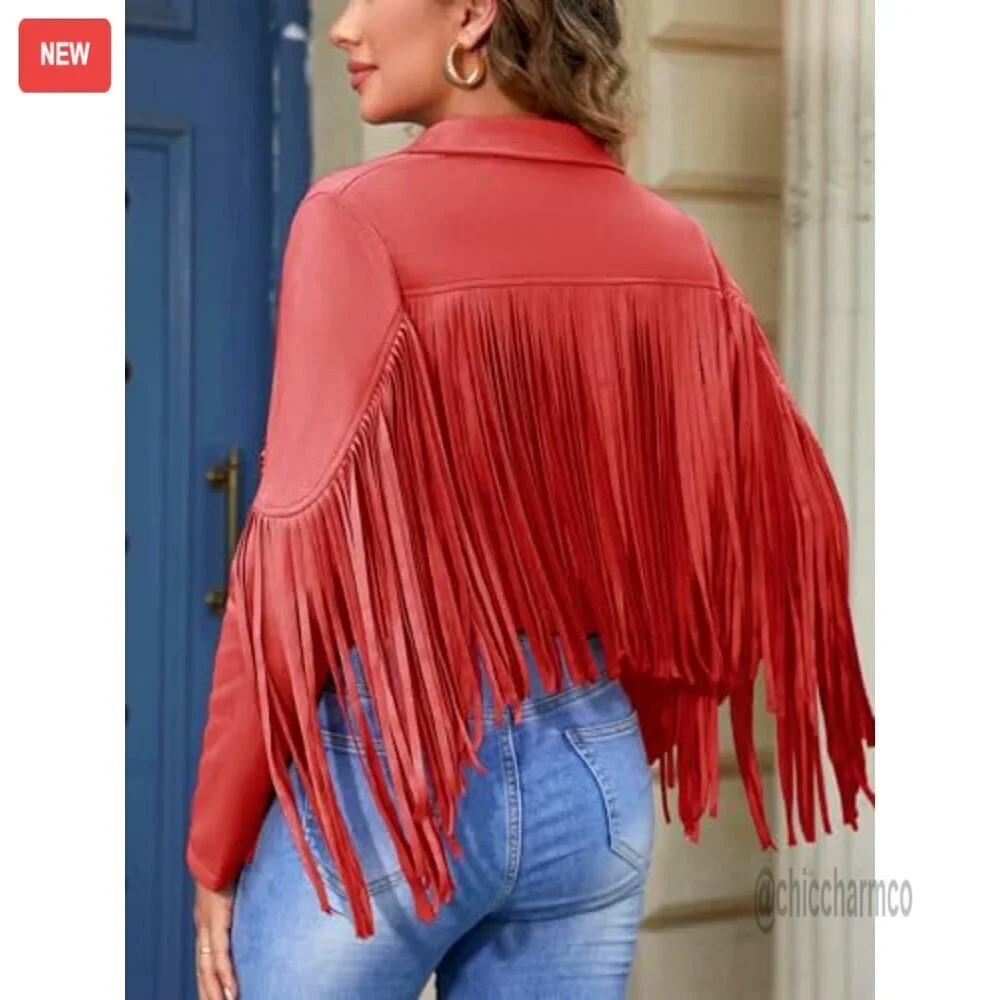 Faux Leather Cropped Jacket with Fringe Tassels, Casual Motorcycle Style